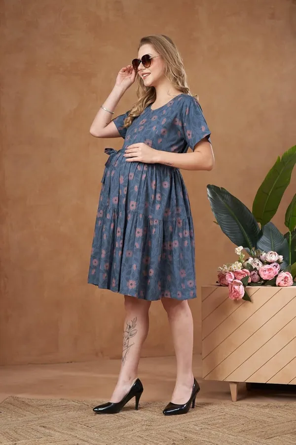 Blue_Maternity_Dress_Floral_Print_Tie_Knee_Length_With_Tie_Up_Waist_&_Easy_Nursing_Access_For_Pregnancy_&_Postpartum_For_Women