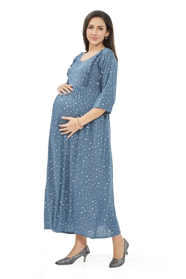 Dual-Zip_Printed_Cotton_Maternity_&_Nursing_Western_Dress__Stylish_Convenience_for_Pre_&_Post_Pregnancy_Women
