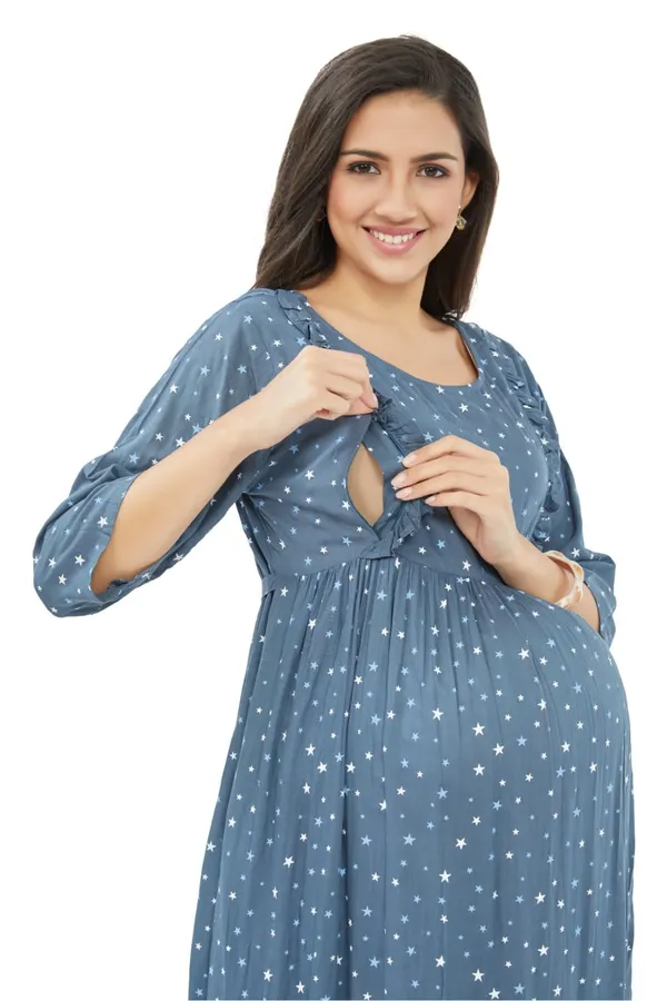 Dual-Zip_Printed_Cotton_Maternity_&_Nursing_Western_Dress__Stylish_Convenience_for_Pre_&_Post_Pregnancy_Women