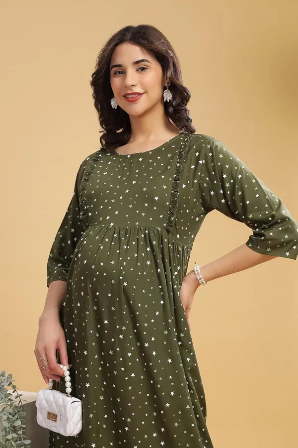 Dual-Zip_Printed_Cotton_Maternity_&_Nursing_Western_Dress__Stylish_Convenience_for_Pre_&_Post_Pregnancy_Women