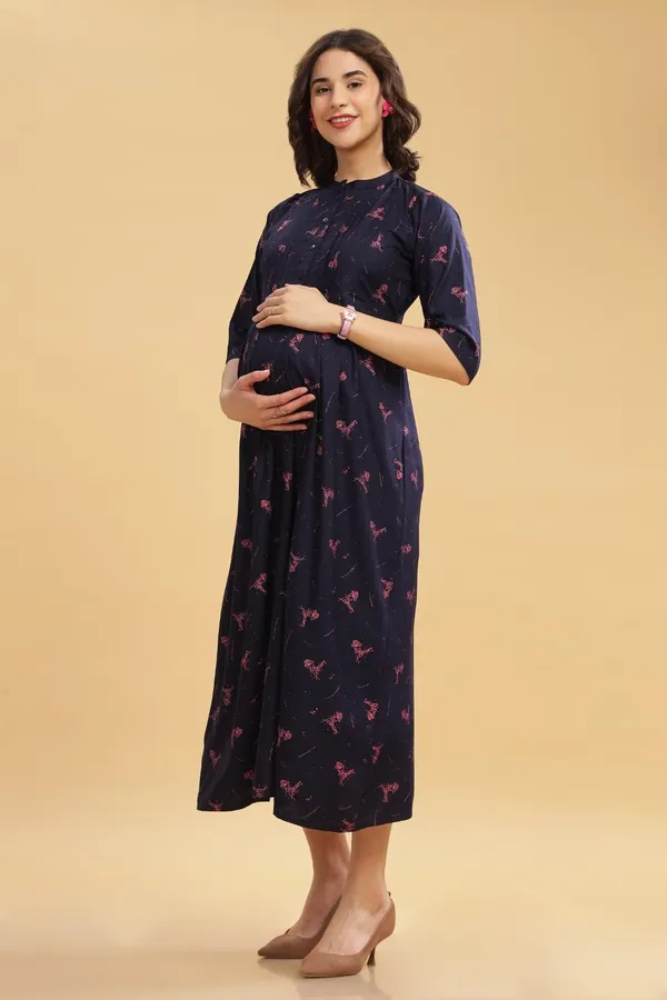 Dual-Zip_Printed_Cotton_Maternity_&_Nursing_Western_Dress__Stylish_Convenience_for_Pre_&_Post_Pregnancy_Women