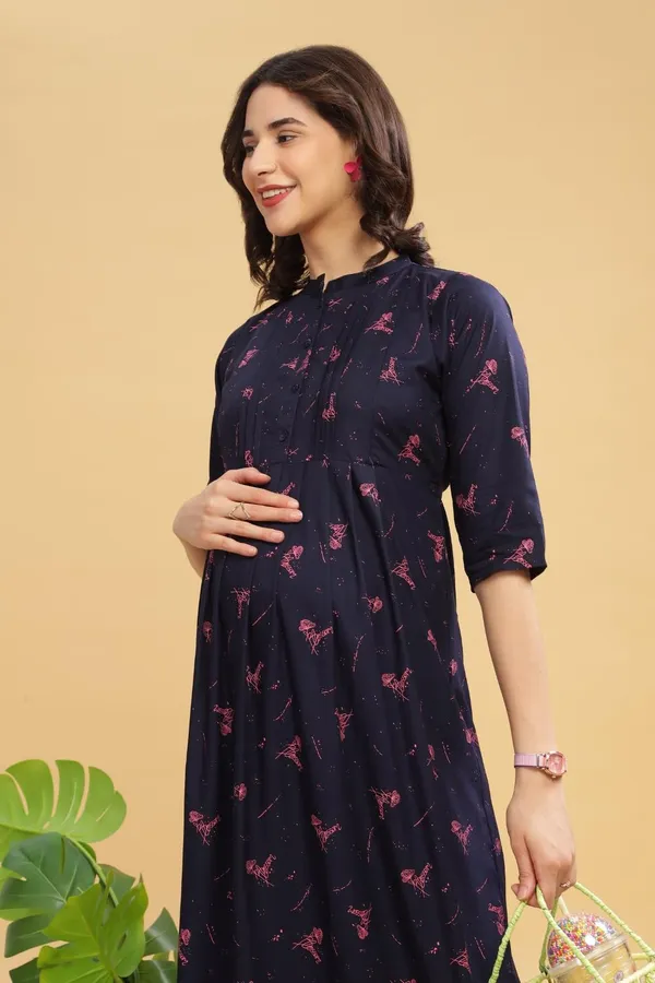 Dual-Zip_Printed_Cotton_Maternity_&_Nursing_Western_Dress__Stylish_Convenience_for_Pre_&_Post_Pregnancy_Women
