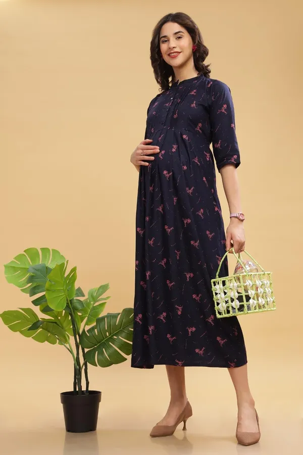 Dual-Zip_Printed_Cotton_Maternity_&_Nursing_Western_Dress__Stylish_Convenience_for_Pre_&_Post_Pregnancy_Women