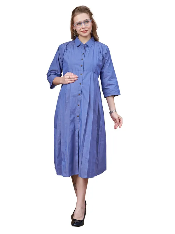 Blue_Maternity_Denim_Look_Cotton_Dress_Soft_Breathable_Flexible_Solid_Color_For_Everyday_&_Semi_Casual_Wear_For_Women