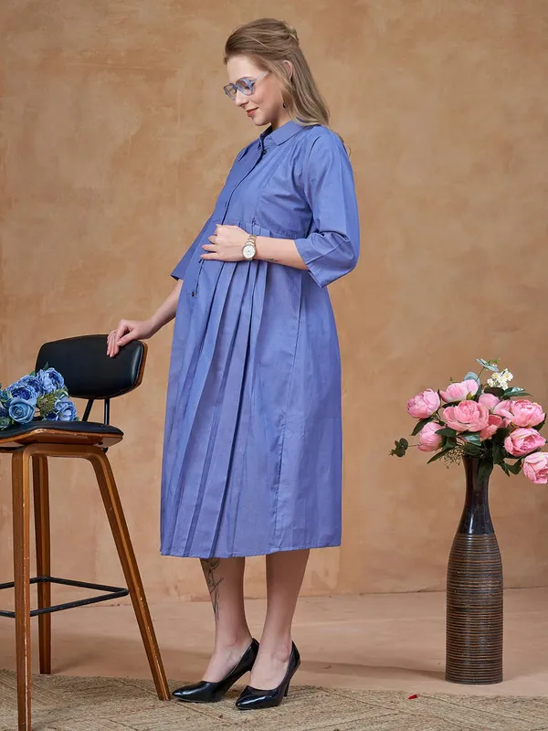 Blue_Maternity_Denim_Look_Cotton_Dress_Soft_Breathable_Flexible_Solid_Color_For_Everyday_&_Semi_Casual_Wear_For_Women