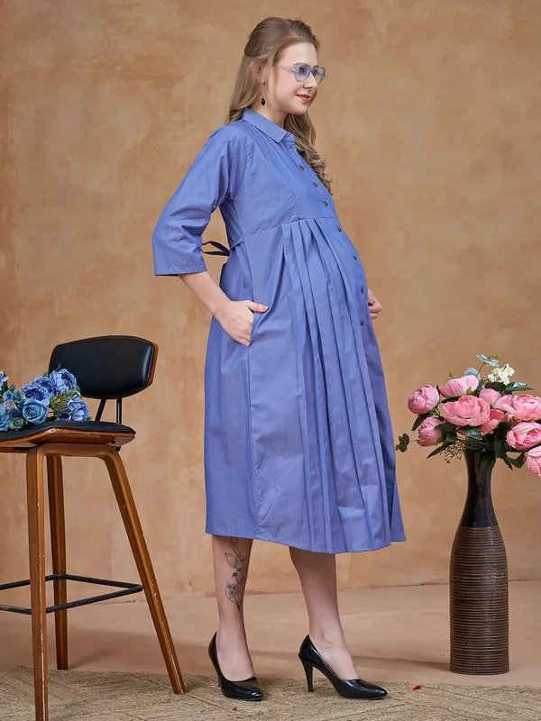 Blue_Maternity_Denim_Look_Cotton_Dress_Soft_Breathable_Flexible_Solid_Color_For_Everyday_&_Semi_Casual_Wear_For_Women