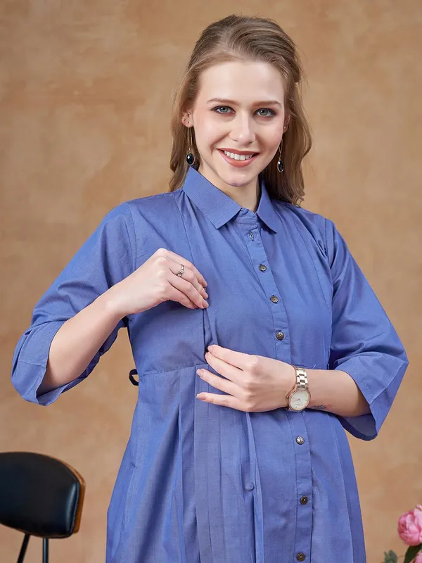 Blue_Maternity_Denim_Look_Cotton_Dress_Soft_Breathable_Flexible_Solid_Color_For_Everyday_&_Semi_Casual_Wear_For_Women