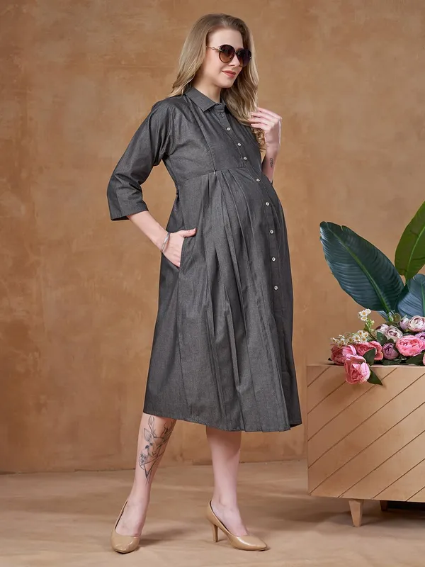 Charcoal_Grey_Maternity_Denim_Look_Cotton_Dress_Soft_Breathable_Flexible_Solid_Color_For_Everyday_&_Semi_Casual_Wear_For_Women