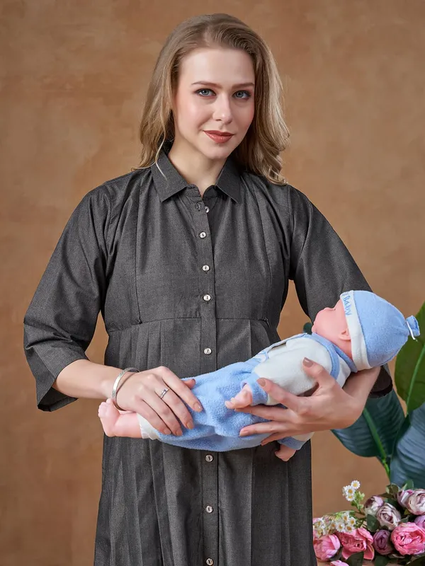Charcoal_Grey_Maternity_Denim_Look_Cotton_Dress_Soft_Breathable_Flexible_Solid_Color_For_Everyday_&_Semi_Casual_Wear_For_Women