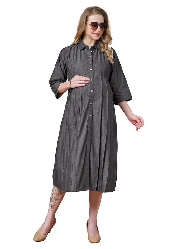 Charcoal_Grey_Maternity_Denim_Look_Cotton_Dress_Soft_Breathable_Flexible_Solid_Color_For_Everyday_&_Semi_Casual_Wear_For_Women