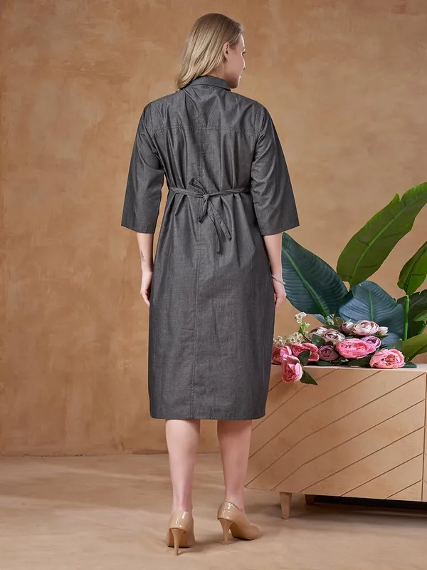 Charcoal_Grey_Maternity_Denim_Look_Cotton_Dress_Soft_Breathable_Flexible_Solid_Color_For_Everyday_&_Semi_Casual_Wear_For_Women