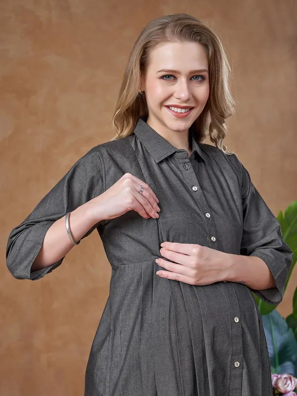 Charcoal_Grey_Maternity_Denim_Look_Cotton_Dress_Soft_Breathable_Flexible_Solid_Color_For_Everyday_&_Semi_Casual_Wear_For_Women