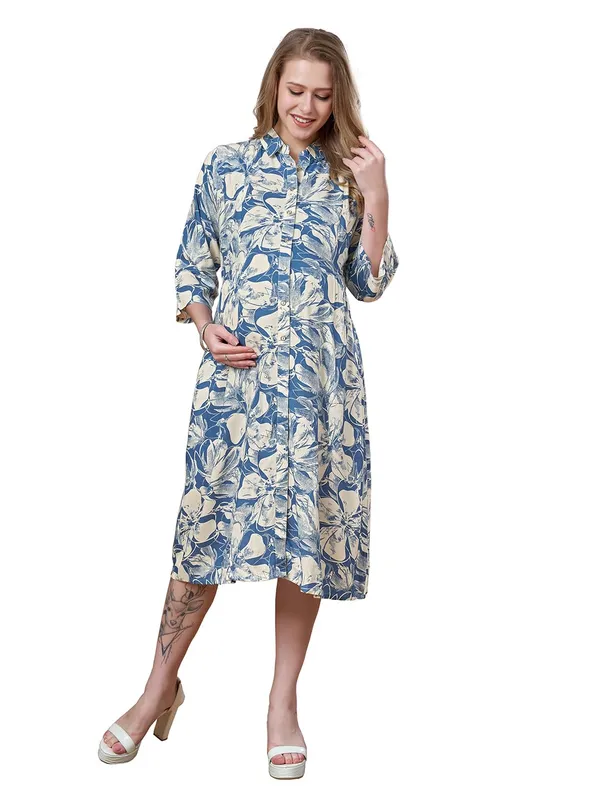 Blue_Floral_Maternity_Dress_Soft_Cotton_Rayon_Mix_Lightweight_Flowy_For_Everyday_&_Casual_Wear_Ladies_Elegant_Pregnancy_Dress_For_Women