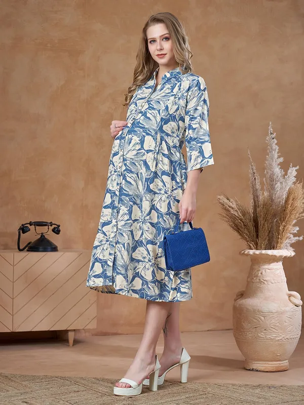 Blue_Floral_Maternity_Dress_Soft_Cotton_Rayon_Mix_Lightweight_Flowy_For_Everyday_&_Casual_Wear_Ladies_Elegant_Pregnancy_Dress_For_Women