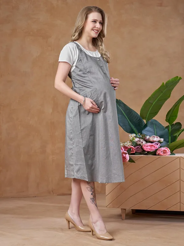 Charcoal_Grey_Dungaree_Style_Maternity_Dress_Attached_Tee_&_Cotton_Twill_Playful_Casual_Comfort_Dress_For_Women