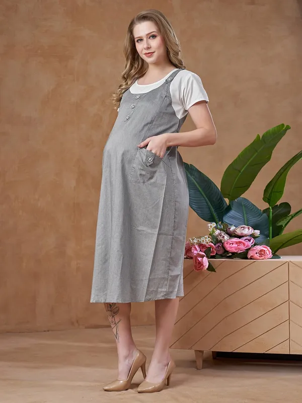 Charcoal_Grey_Dungaree_Style_Maternity_Dress_Attached_Tee_&_Cotton_Twill_Playful_Casual_Comfort_Dress_For_Women