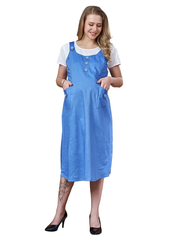 Blue_Dungaree_Style_Maternity_Dress_Attached_Tee_&_Cotton_Twill_Playful_Casual_Comfort_Dress_For_Women