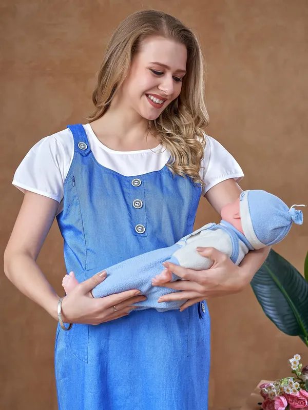Blue_Dungaree_Style_Maternity_Dress_Attached_Tee_&_Cotton_Twill_Playful_Casual_Comfort_Dress_For_Women