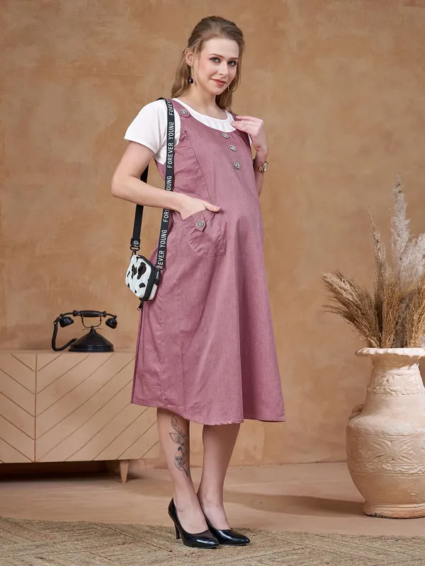 Light_Red_Dungaree_Style_Maternity_Dress_With_Attached_Tee_&_Cotton_Twill_For_Women