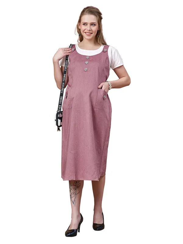 Light_Red_Dungaree_Style_Maternity_Dress_With_Attached_Tee_&_Cotton_Twill_For_Women