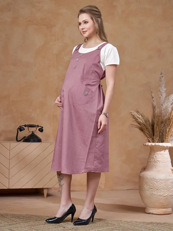 Light_Red_Dungaree_Style_Maternity_Dress_With_Attached_Tee_&_Cotton_Twill_For_Women