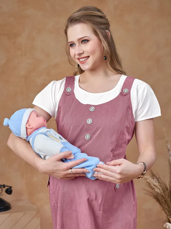 Light_Red_Dungaree_Style_Maternity_Dress_With_Attached_Tee_&_Cotton_Twill_For_Women