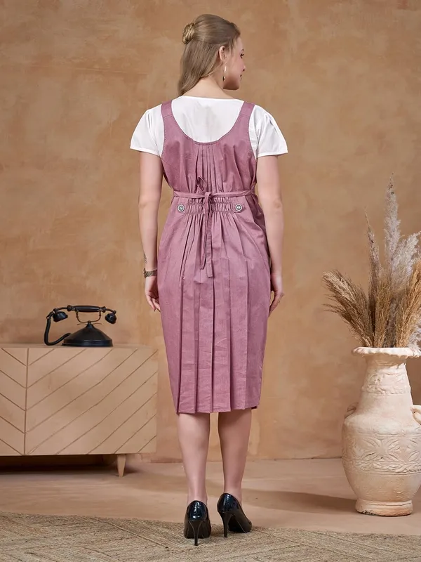 Light_Red_Dungaree_Style_Maternity_Dress_With_Attached_Tee_&_Cotton_Twill_For_Women