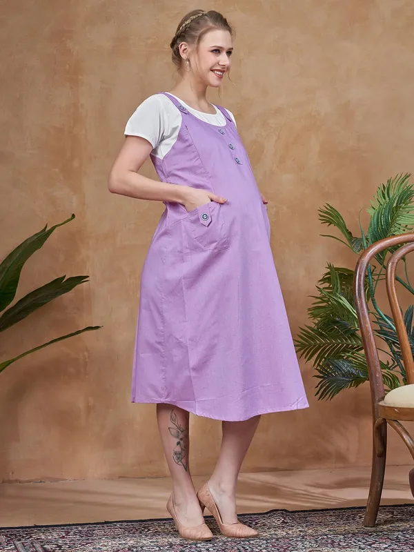 Lavender_Dungaree_Style_Maternity_Dress_Attached_Tee_&_Cotton_Twill_Playful_Casual_Comfort_Dress_For_Women