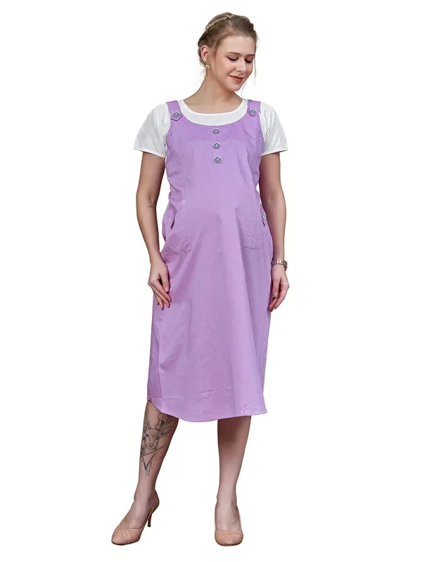 Lavender_Dungaree_Style_Maternity_Dress_Attached_Tee_&_Cotton_Twill_Playful_Casual_Comfort_Dress_For_Women