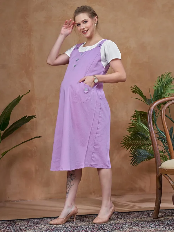 Lavender_Dungaree_Style_Maternity_Dress_Attached_Tee_&_Cotton_Twill_Playful_Casual_Comfort_Dress_For_Women