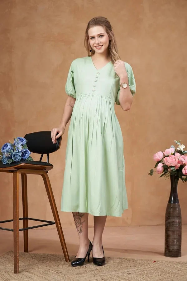 Pista_Green_Solid_Woven_Short_Puff_Sleeves_Maternity_Dress_With_Pocket_&_Concealed_Zipper_For_Women