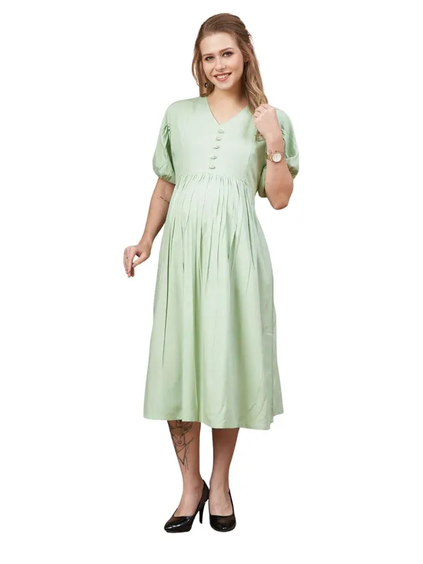Pista_Green_Solid_Woven_Short_Puff_Sleeves_Maternity_Dress_With_Pocket_&_Concealed_Zipper_For_Women