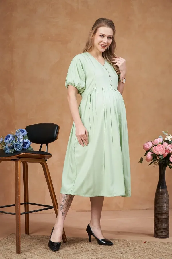 Pista_Green_Solid_Woven_Short_Puff_Sleeves_Maternity_Dress_With_Pocket_&_Concealed_Zipper_For_Women