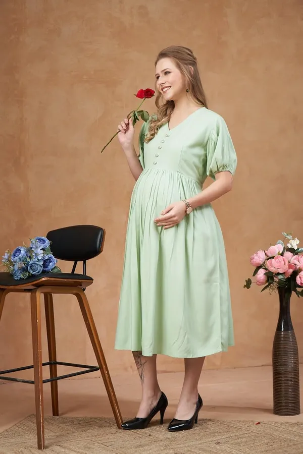 Pista_Green_Solid_Woven_Short_Puff_Sleeves_Maternity_Dress_With_Pocket_&_Concealed_Zipper_For_Women