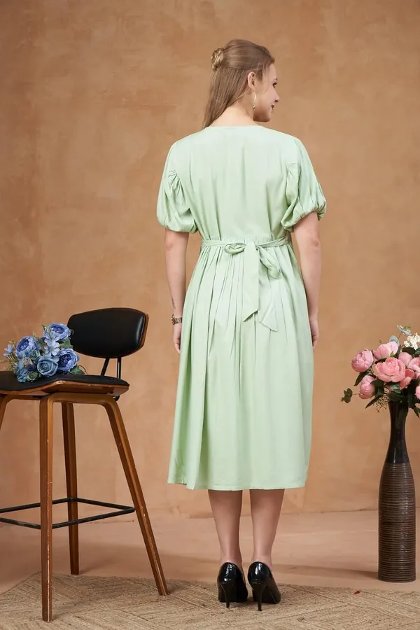 Pista_Green_Solid_Woven_Short_Puff_Sleeves_Maternity_Dress_With_Pocket_&_Concealed_Zipper_For_Women