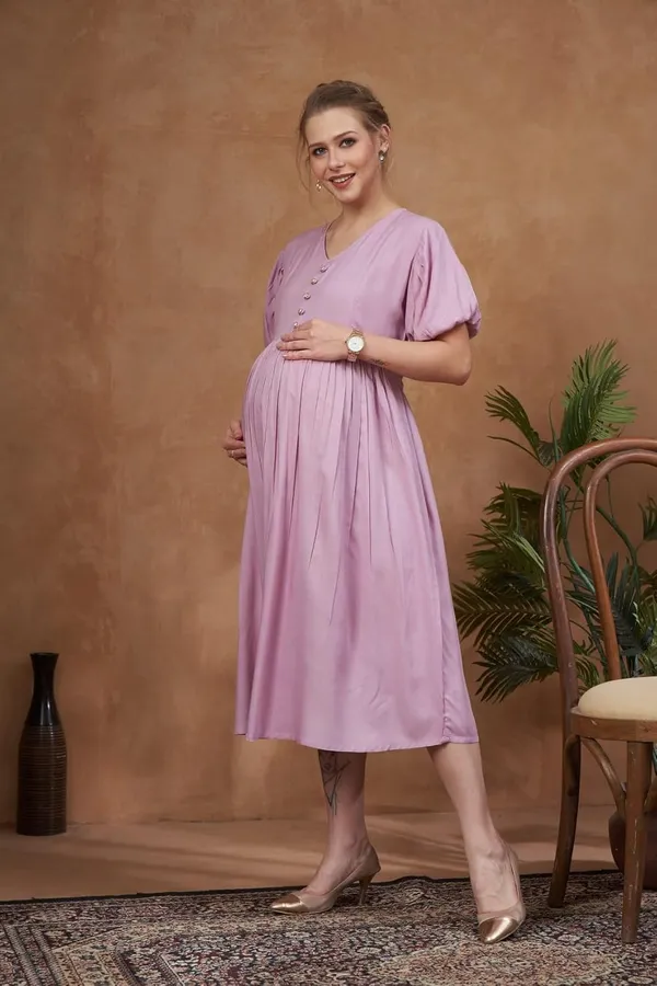 Baby_Pink_Solid_Woven_Short_Puff_Sleeves_Maternity_Dress_With_Pocket_&_Concealed_Zipper_For_Women