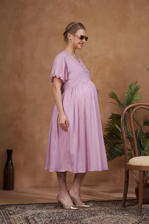 Baby_Pink_Solid_Woven_Short_Puff_Sleeves_Maternity_Dress_With_Pocket_&_Concealed_Zipper_For_Women