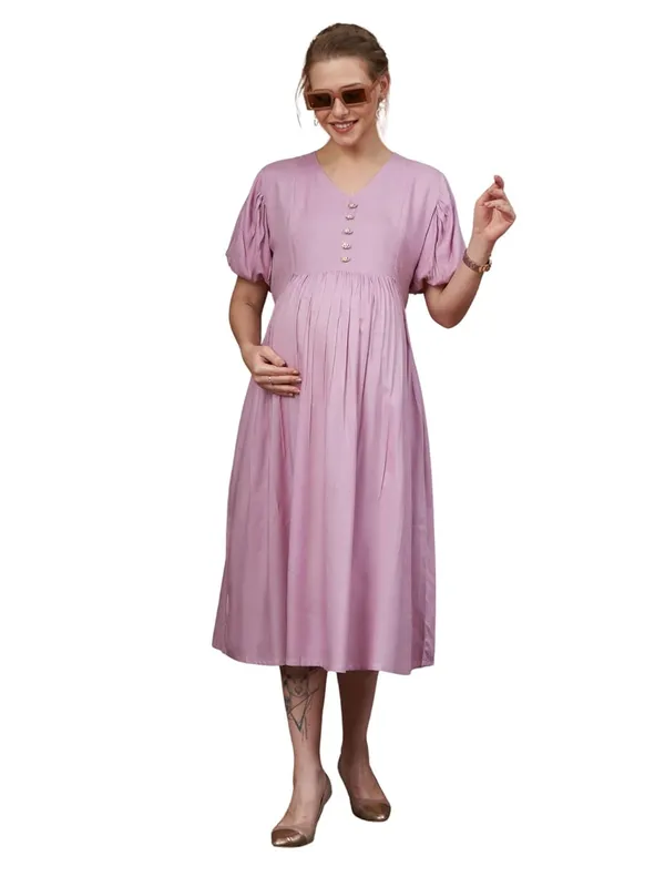 Baby_Pink_Solid_Woven_Short_Puff_Sleeves_Maternity_Dress_With_Pocket_&_Concealed_Zipper_For_Women