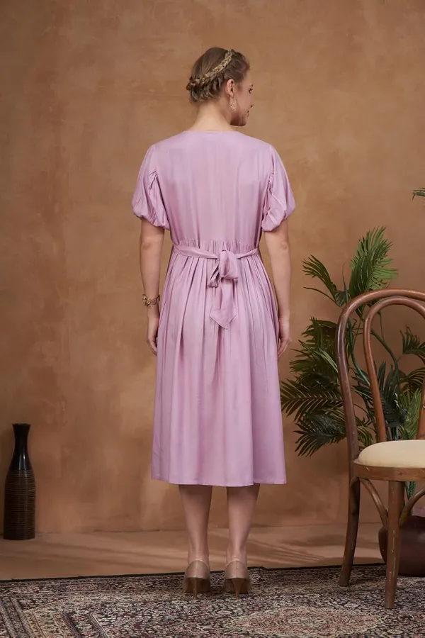 Baby_Pink_Solid_Woven_Short_Puff_Sleeves_Maternity_Dress_With_Pocket_&_Concealed_Zipper_For_Women