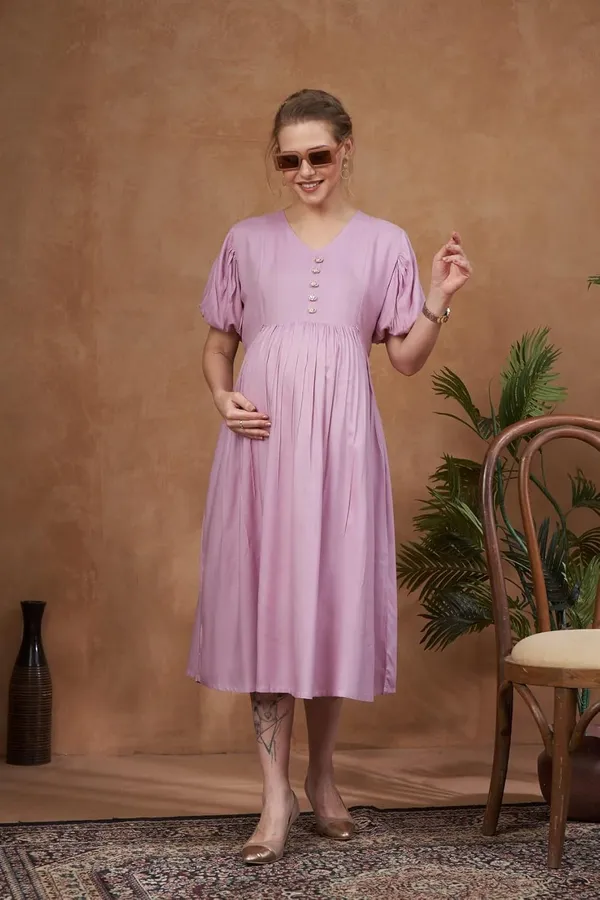 Baby_Pink_Solid_Woven_Short_Puff_Sleeves_Maternity_Dress_With_Pocket_&_Concealed_Zipper_For_Women
