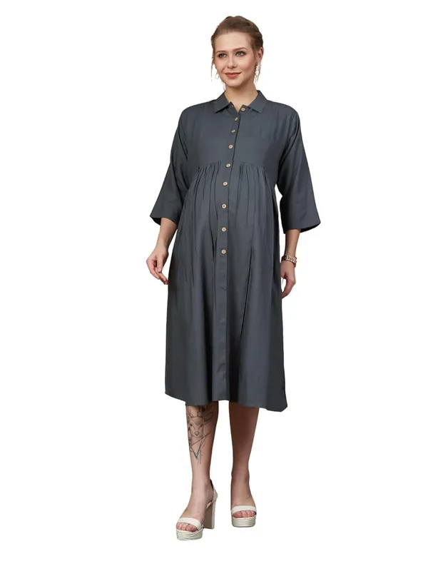 Gray_Solid_Woven_Three_Forth_Sleevs_Maternity_Dress_With_Pocket_&_Concealed_Zipper_For_Women