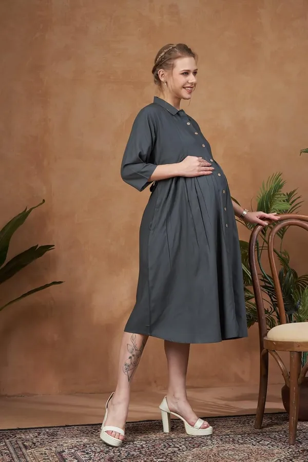 Gray_Solid_Woven_Three_Forth_Sleevs_Maternity_Dress_With_Pocket_&_Concealed_Zipper_For_Women