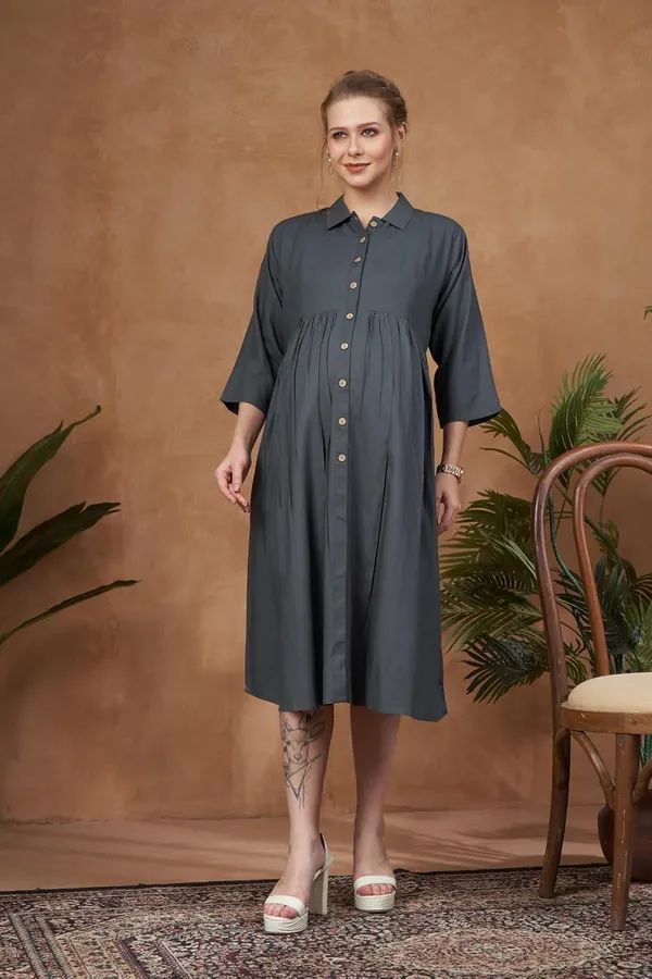 Gray_Solid_Woven_Three_Forth_Sleevs_Maternity_Dress_With_Pocket_&_Concealed_Zipper_For_Women