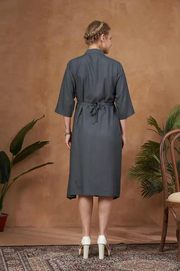 Gray_Solid_Woven_Three_Forth_Sleevs_Maternity_Dress_With_Pocket_&_Concealed_Zipper_For_Women