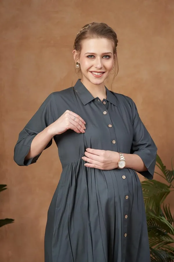 Gray_Solid_Woven_Three_Forth_Sleevs_Maternity_Dress_With_Pocket_&_Concealed_Zipper_For_Women