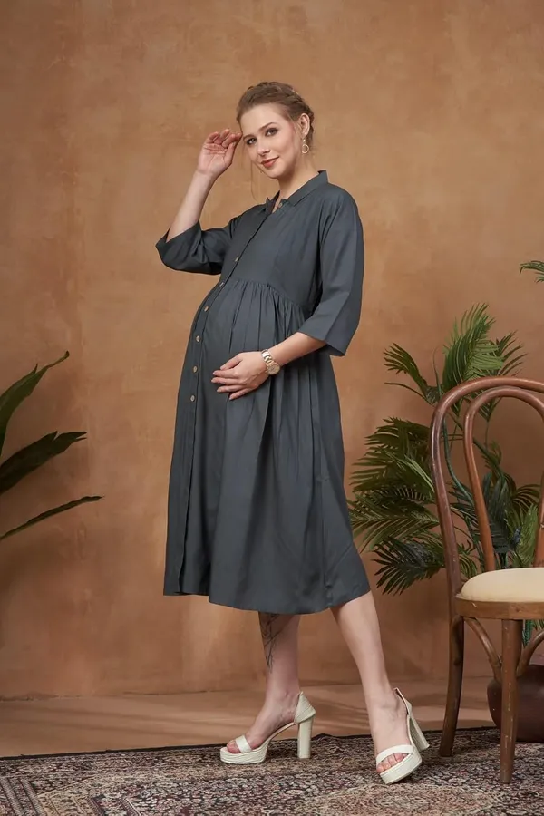 Gray_Solid_Woven_Three_Forth_Sleevs_Maternity_Dress_With_Pocket_&_Concealed_Zipper_For_Women