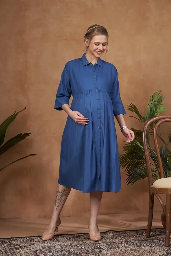Blue_Solid_Woven_Three_Forth_Sleevs_Maternity_Dress_With_Pocket_&_Concealed_Zipper_For_Women