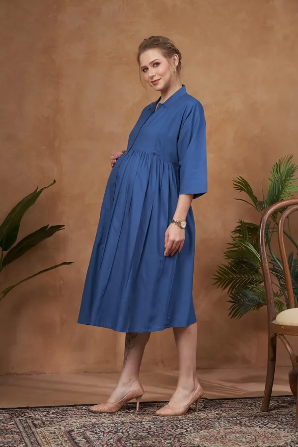 Blue_Solid_Woven_Three_Forth_Sleevs_Maternity_Dress_With_Pocket_&_Concealed_Zipper_For_Women