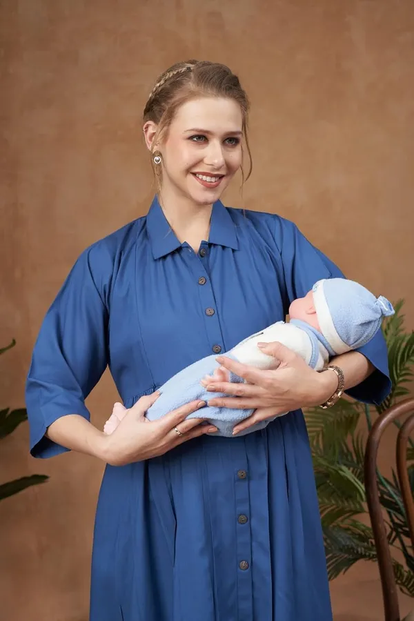 Blue_Solid_Woven_Three_Forth_Sleevs_Maternity_Dress_With_Pocket_&_Concealed_Zipper_For_Women