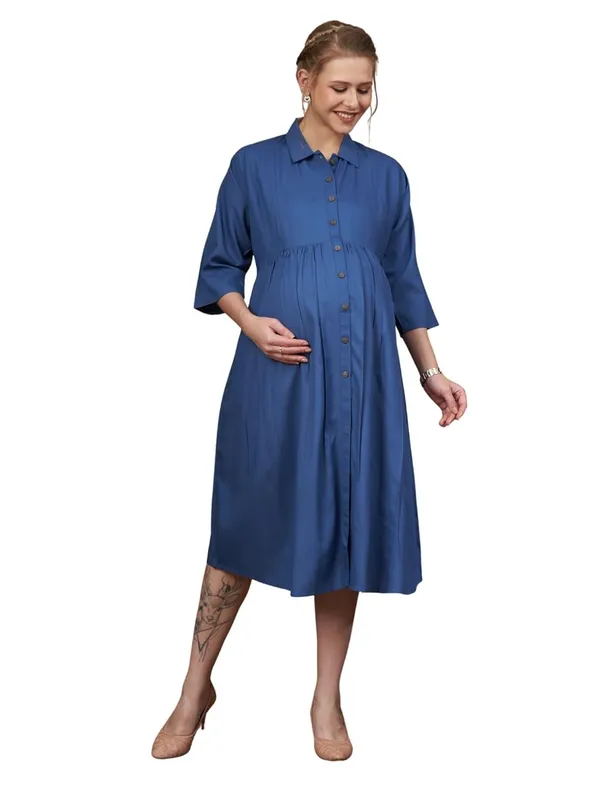 Blue_Solid_Woven_Three_Forth_Sleevs_Maternity_Dress_With_Pocket_&_Concealed_Zipper_For_Women